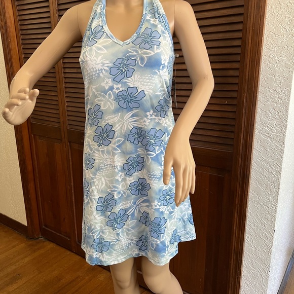 Ocean Drive Halter Top Stretchy Dress Large Blue Hawaiian Print  New - Picture 2 of 9